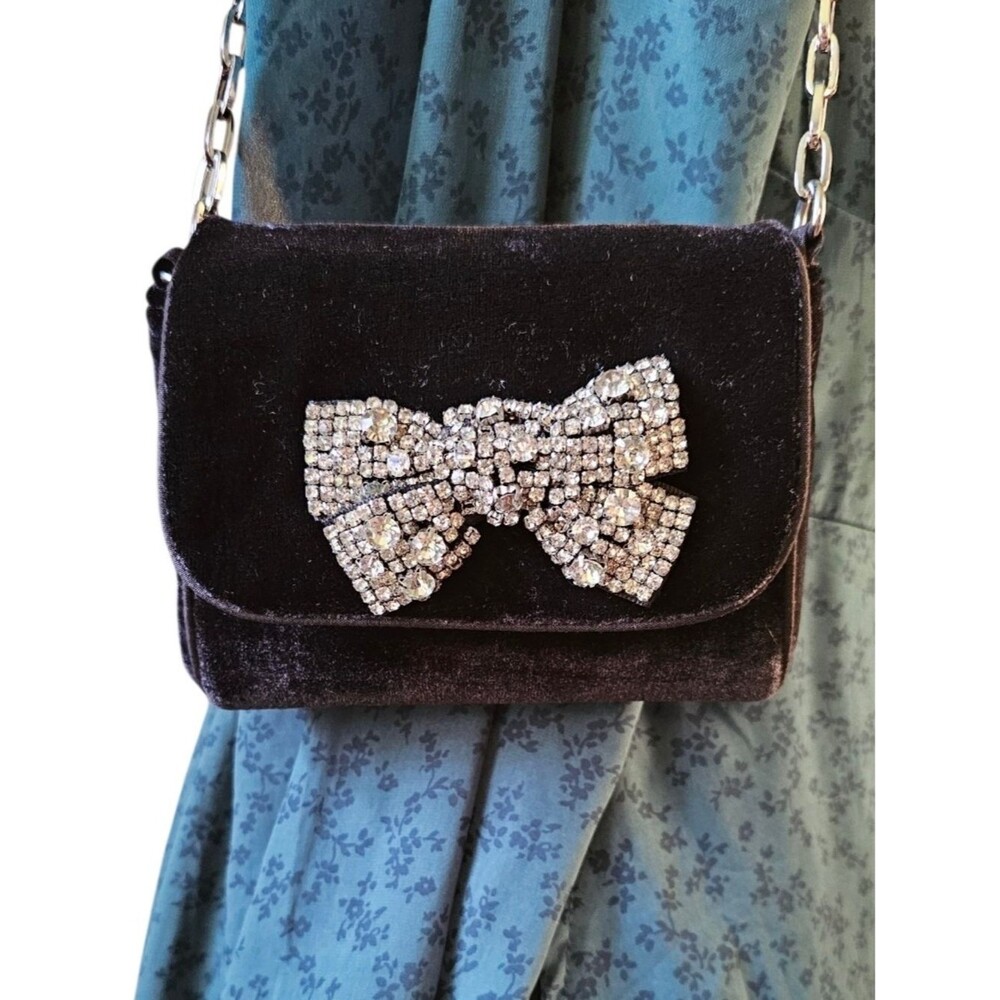 White House Black Market Black Velvet Rhinestone Bow Clutch Evening Bag